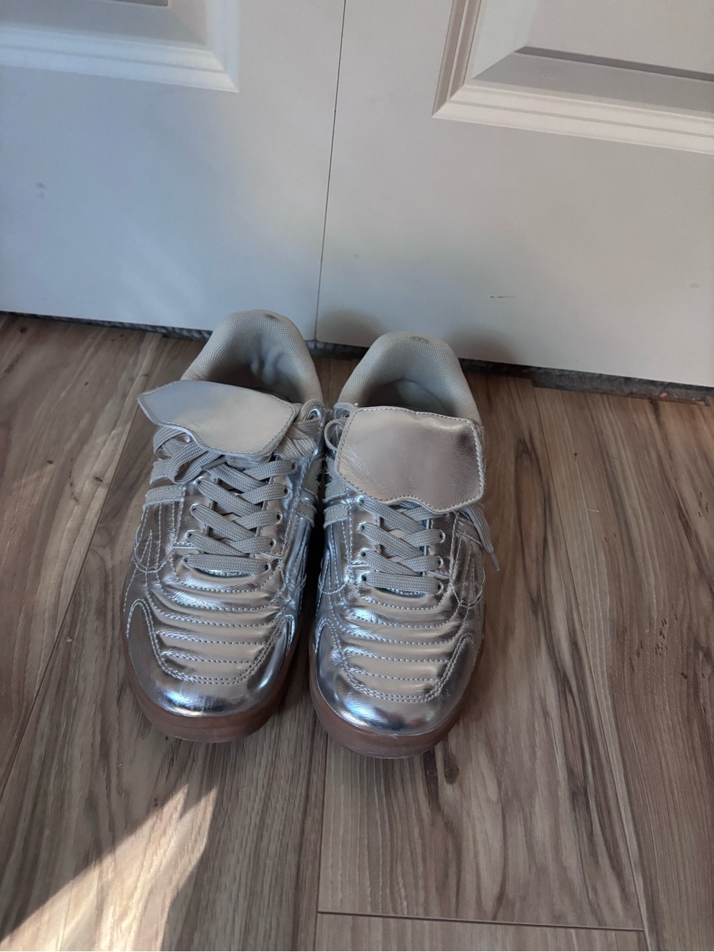 Metallic Silver Lace-Up Sneakers